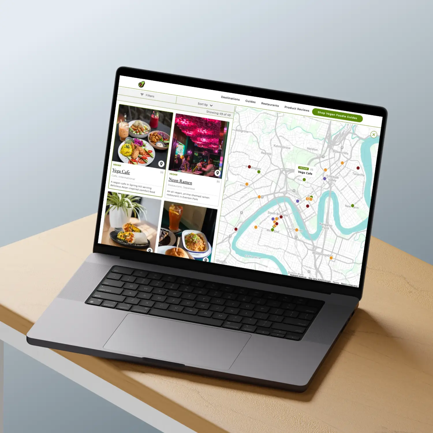 Responsive web development project showing interactive map features for vegan business directory