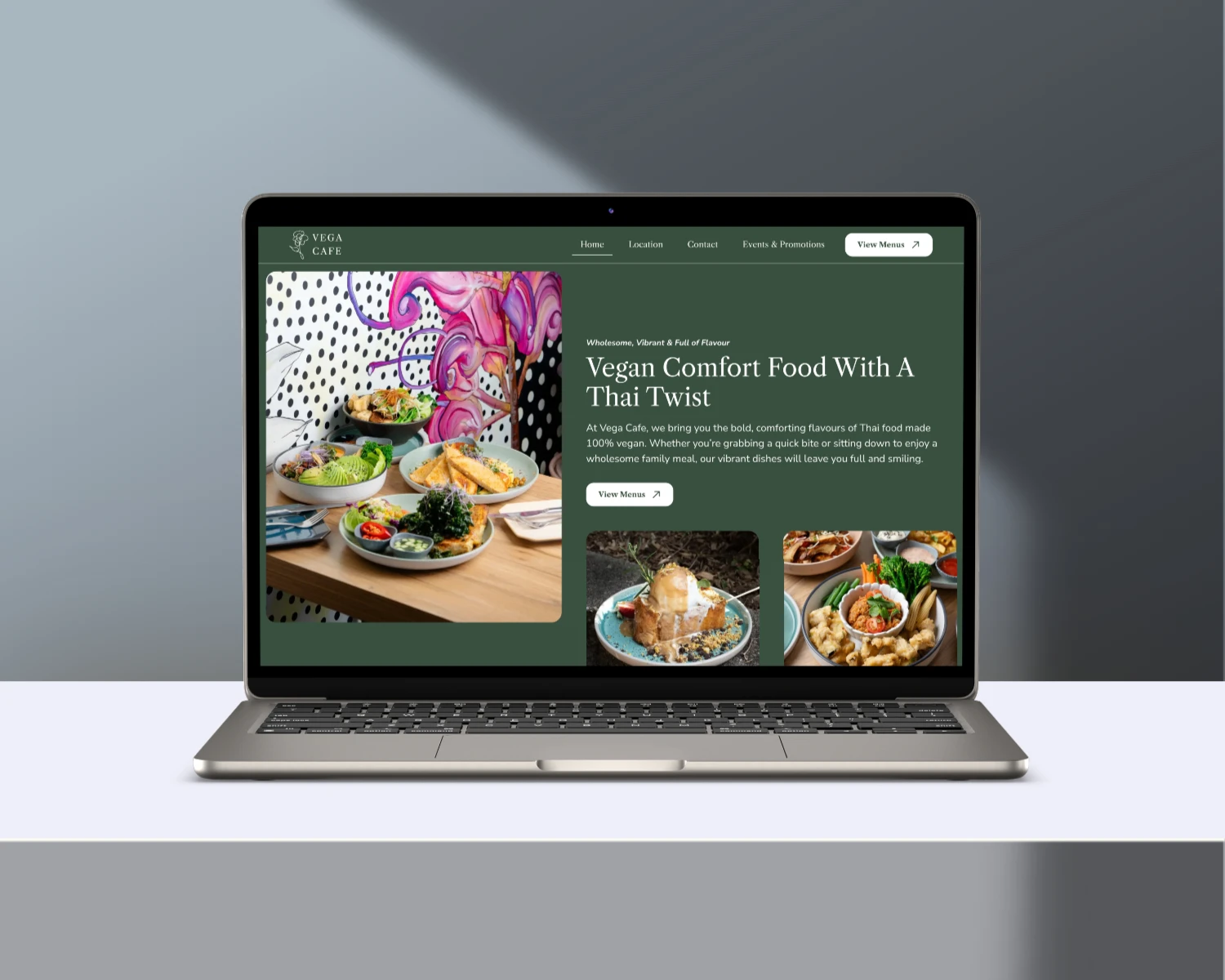 Custom restaurant website design for Vega Cafe Brisbane displaying vegan Thai menu on laptop